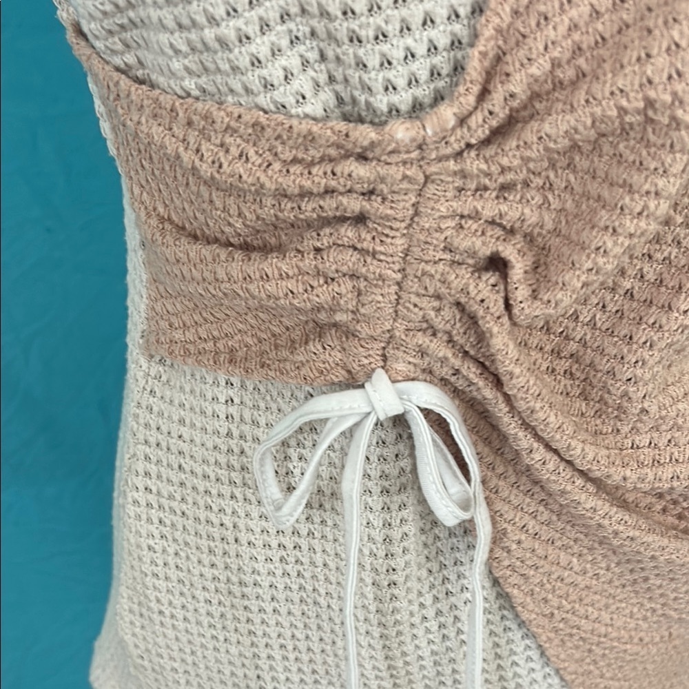 White and Tan Asymmetrical Ruched Tank Top - Picture 2 of 15